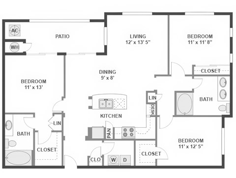 Floor plan for 3 beds, 2 baths, 1375 sqft